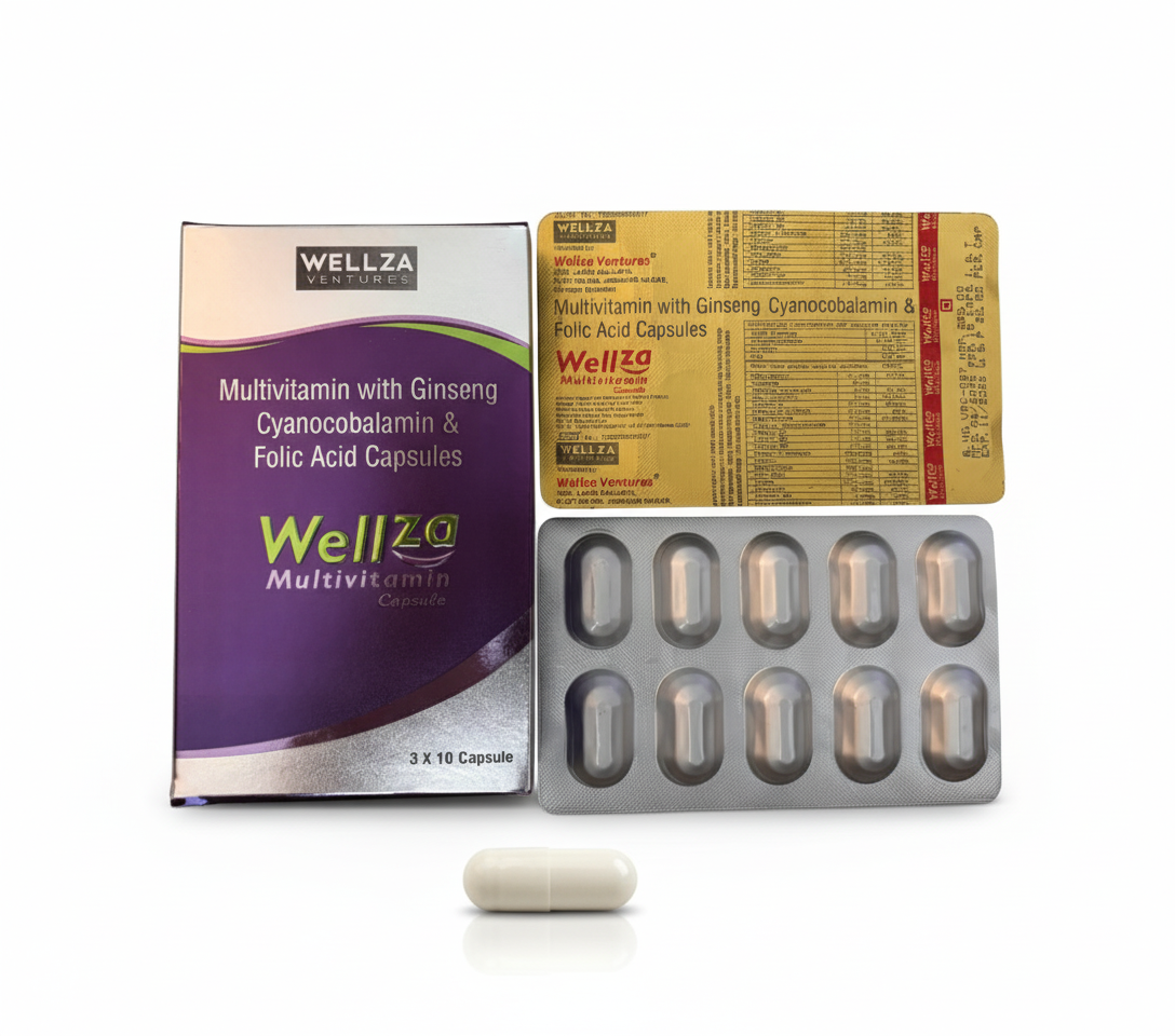 Wellza Multivitamin with Ginseng, Cyanocobalamin & Folic Acid – Daily Energy & Immunity Support